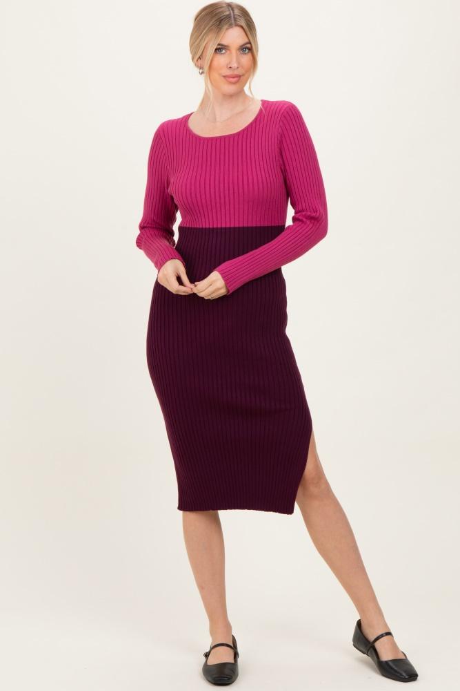 magenta knit colorblock long sleeve midi dress