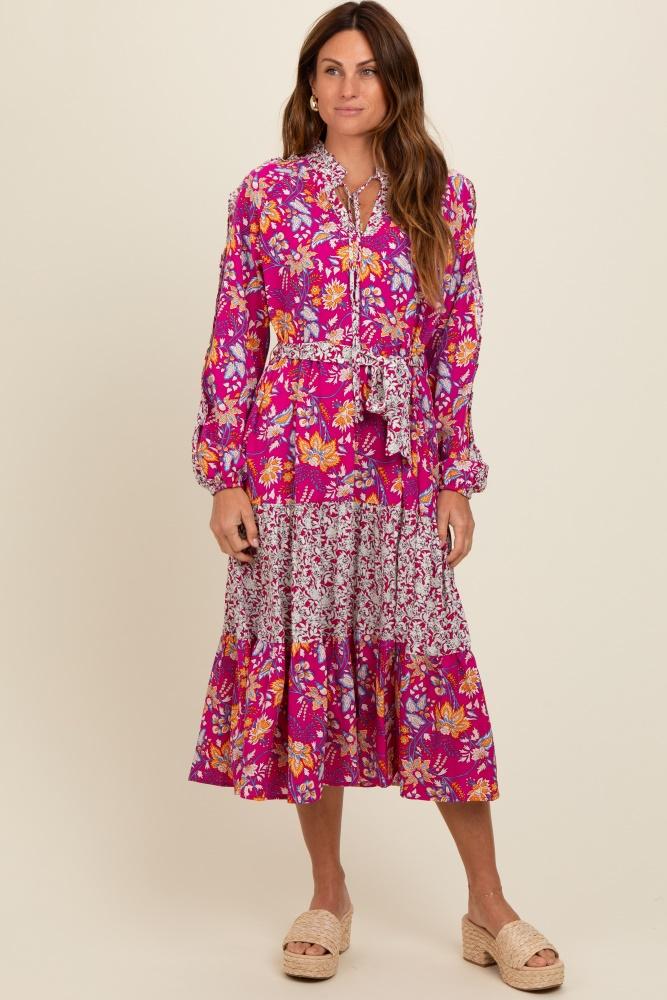 magenta mixed floral front tie midi dress