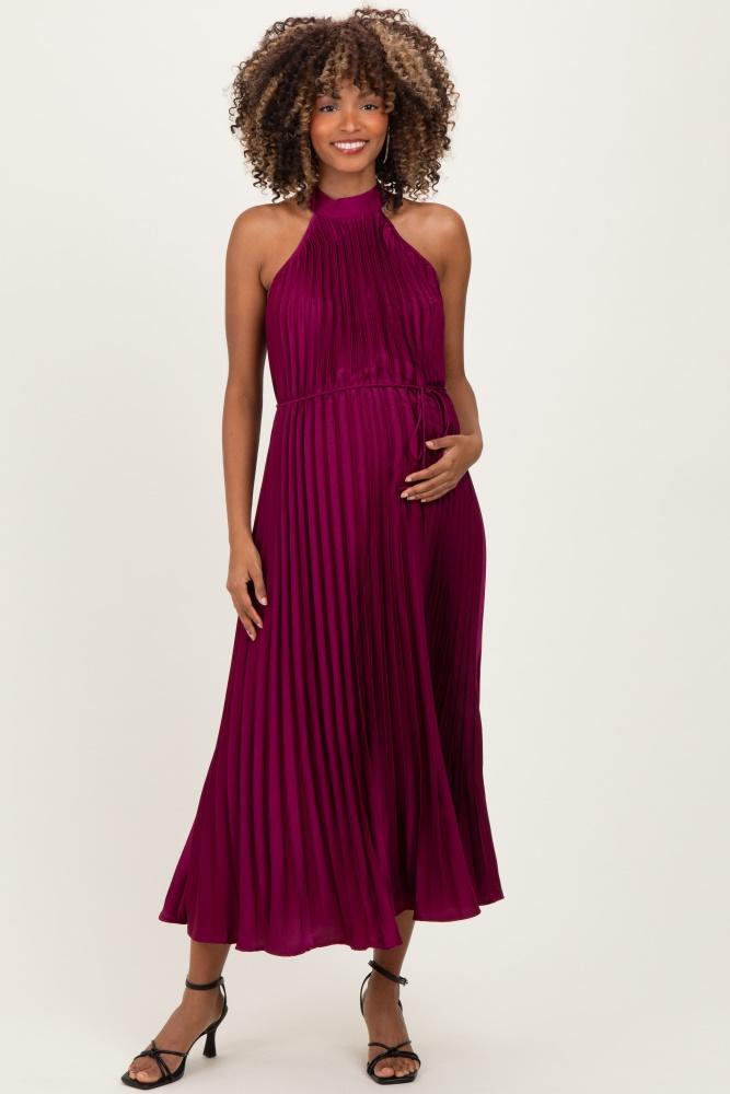 magenta pleated maternity halter dress