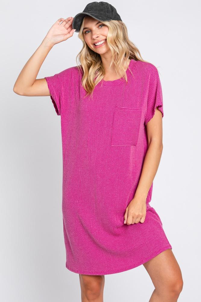 magenta ribbed front pocket dolman short sleeve dress