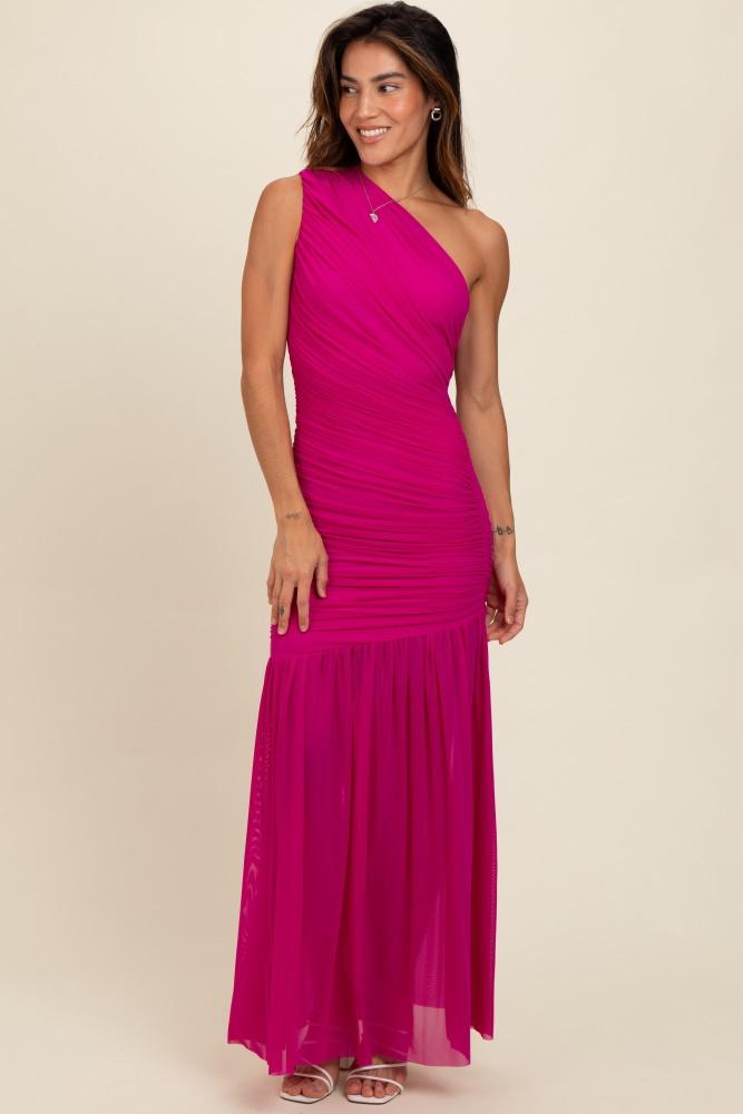 magenta ruched mesh one shoulder maxi dress