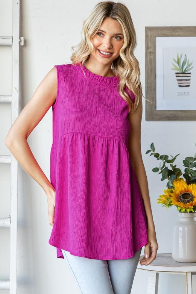 magenta ruffle mock neck sleeveless blouse