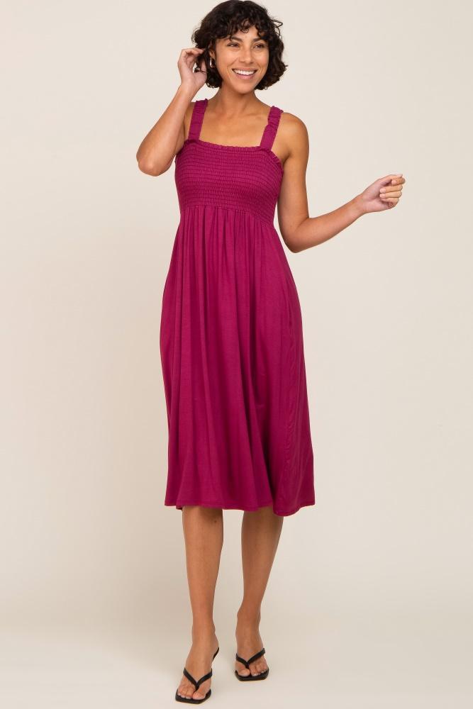 magenta smocked ruffle strap midi dress