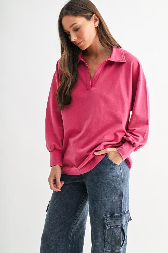 magenta sunfade cotton collared long sleeve top