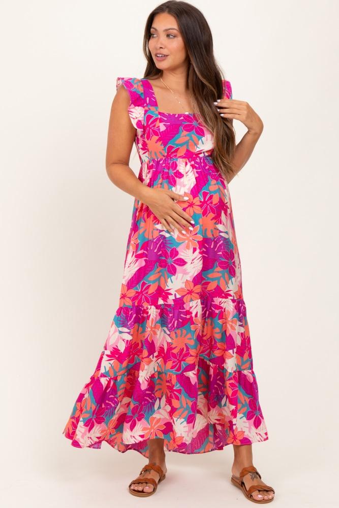 magenta tropical floral tiered maternity maxi dress