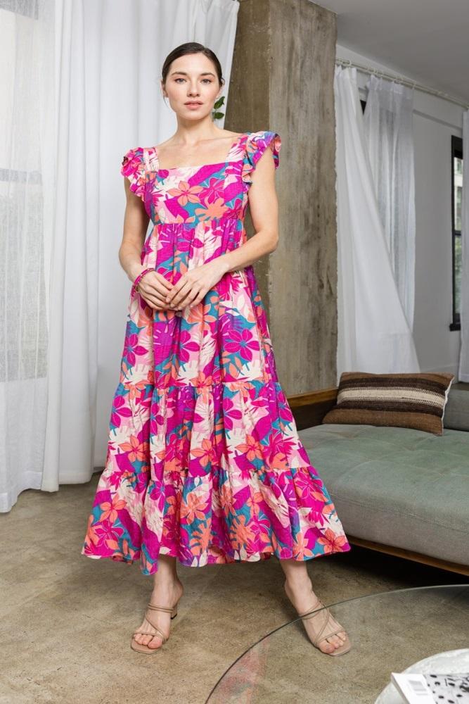 magenta tropical floral tiered maxi dress