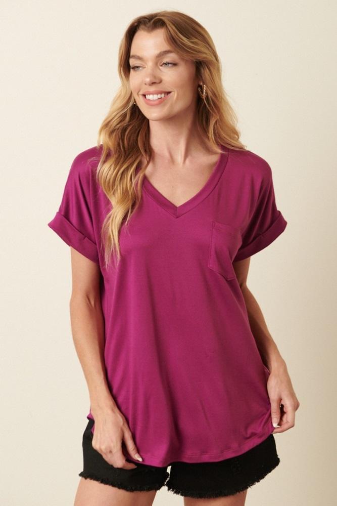 magenta v-neck pocket short sleeve shirt