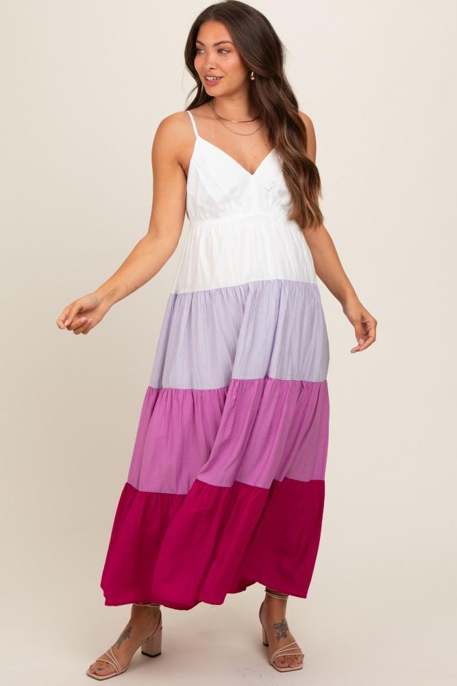 magenta v-neck tiered color block maternity midi dress