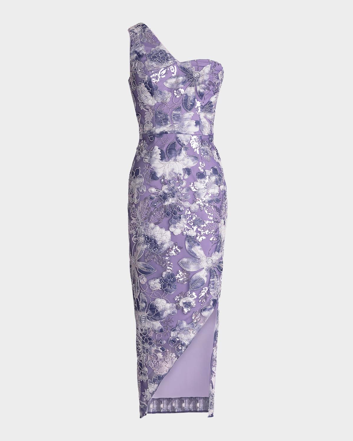 magnolia one-shoulder bead & sequin midi dress