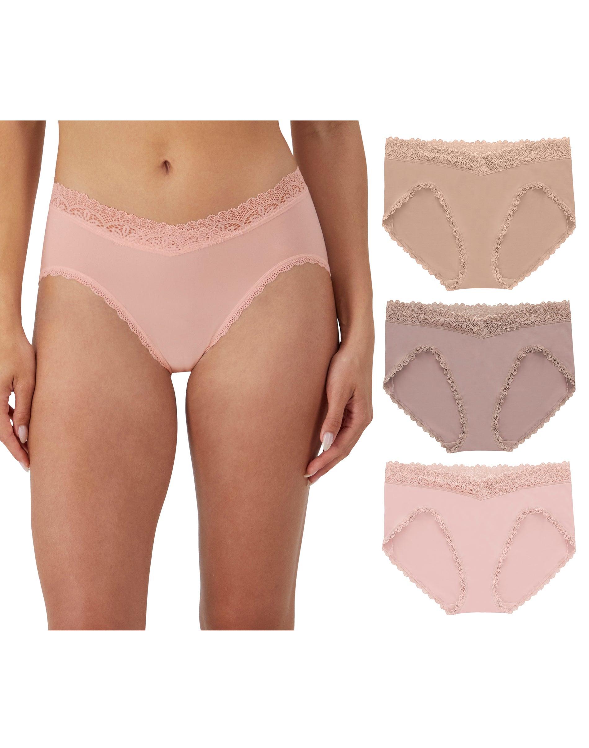 maidenform everyday luxe stretch micro bikini, 3-pack almond lace/evening blush lace/pretty lace m women's