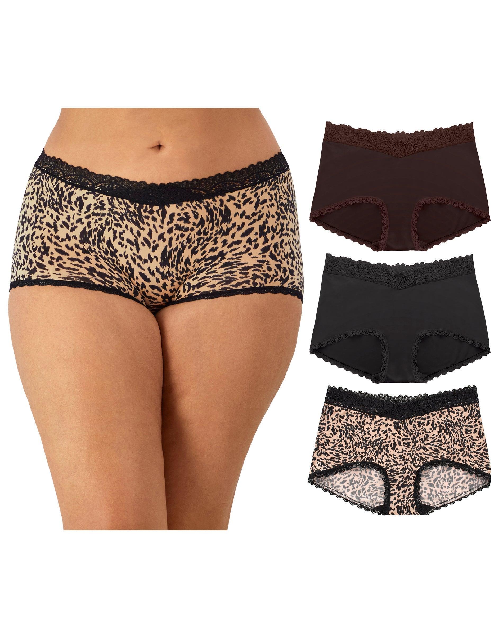 maidenform everyday luxe stretch micro boyshort, 3-pack just brown lace/black tonal animal allure s