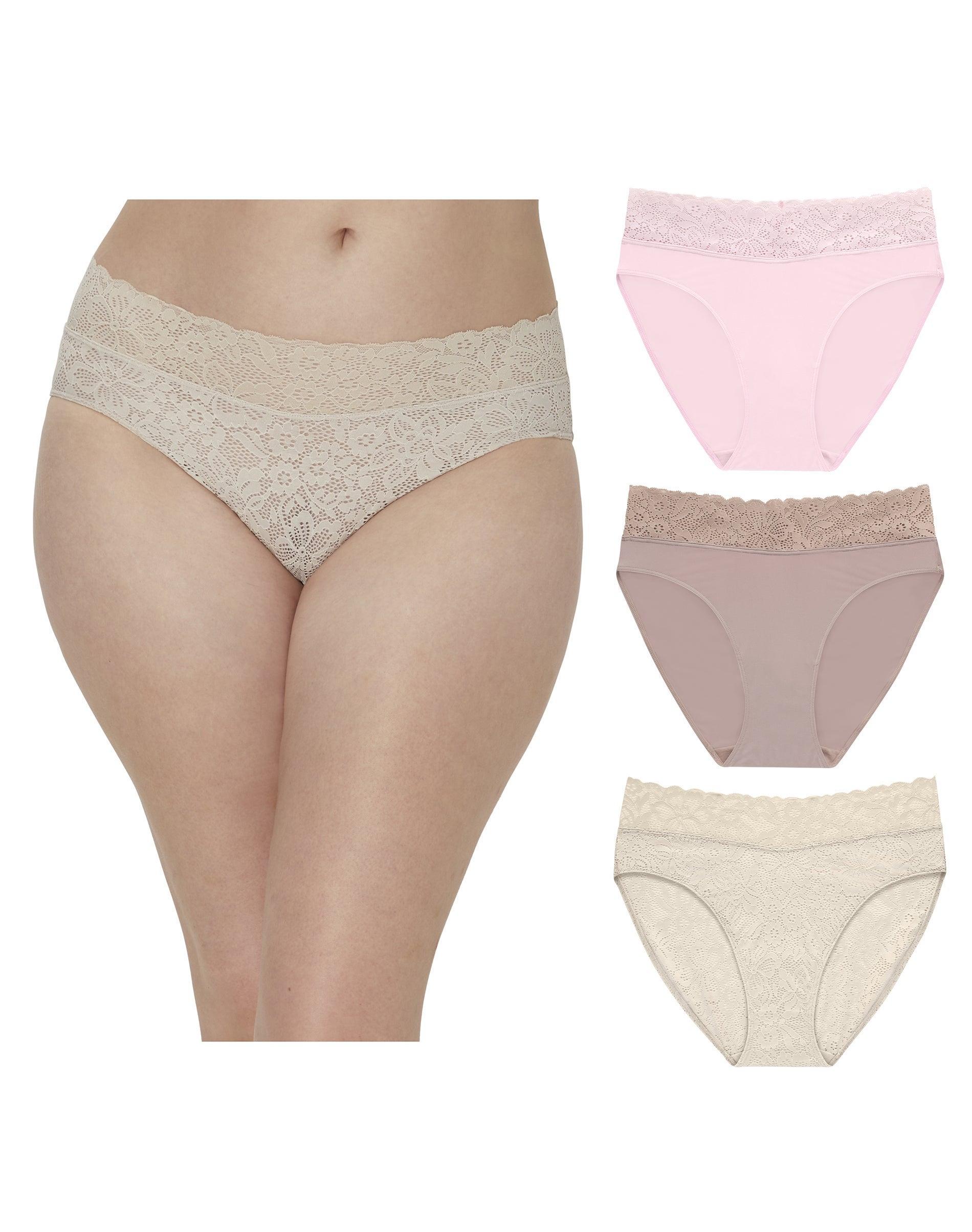 maidenform perfect fit stretch lace high leg underwear, 3-pack ballerina slipper/evening blush/beige bisque s women's