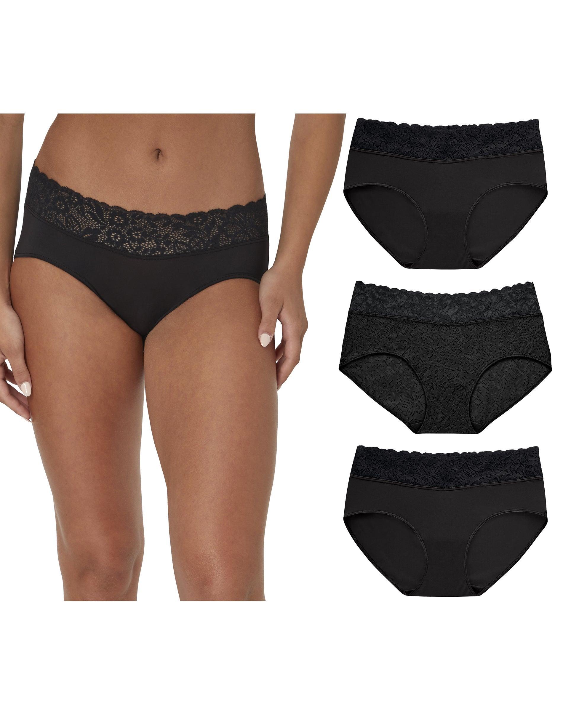 maidenform perfect fit stretch lace hipster underwear, 3-pack black/black/black xl women's