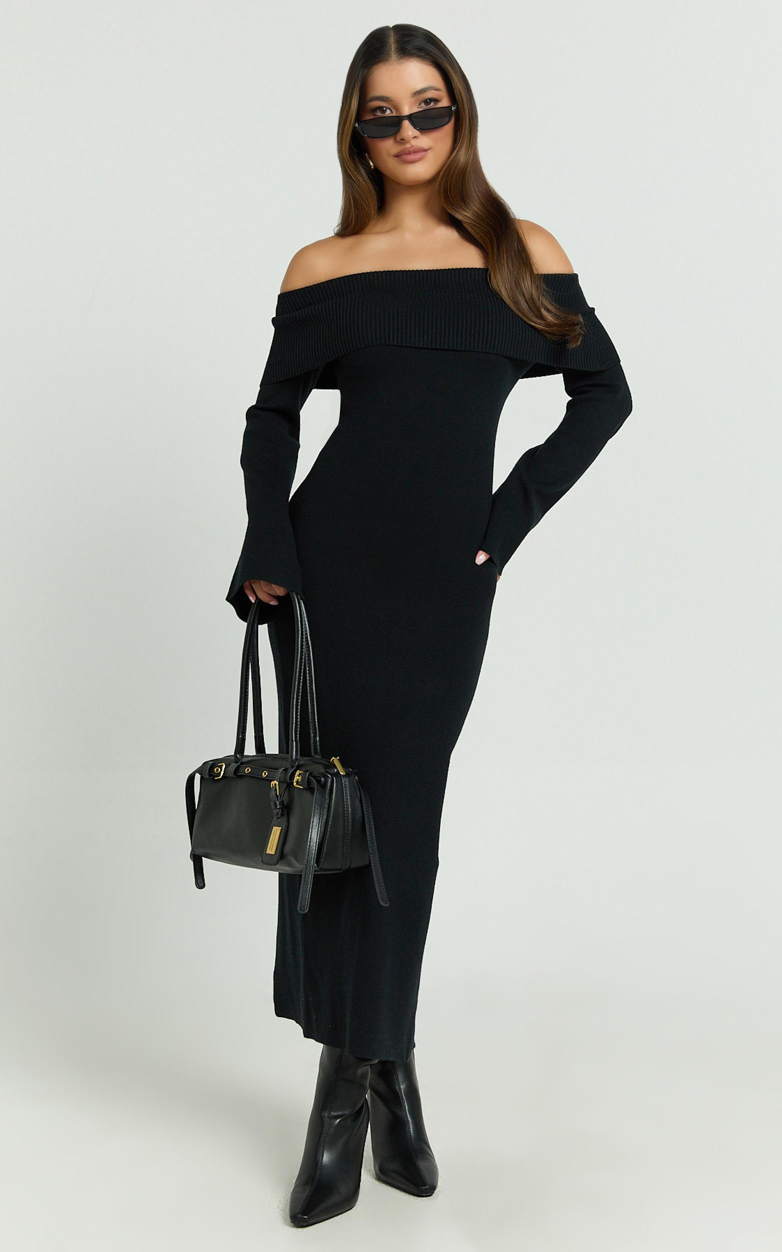 maisie midi dress - off shoulder long sleeve fitted column knit dress in black