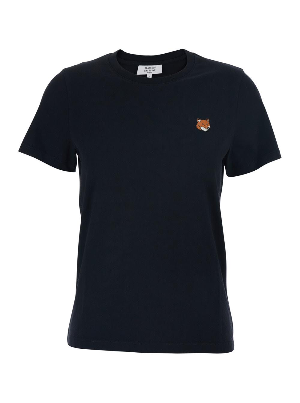 maison kitsuné black crewneck t-shirt with logo embroidery on the front in cotton woman