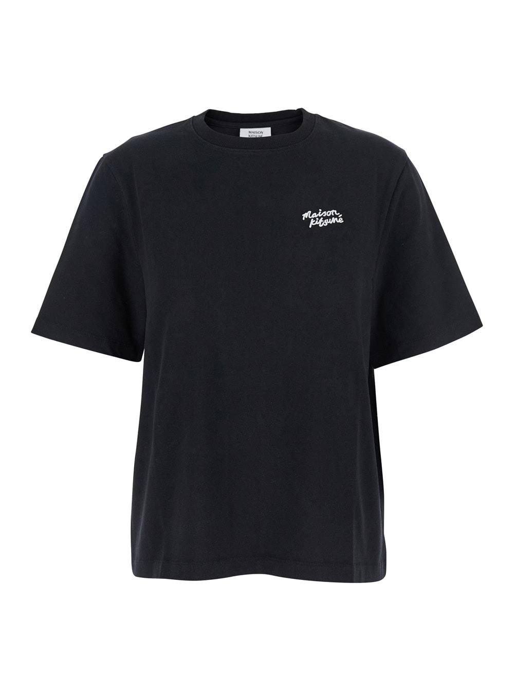 maison kitsuné black t-shirt with logo lettering printed on the front in cotton woman