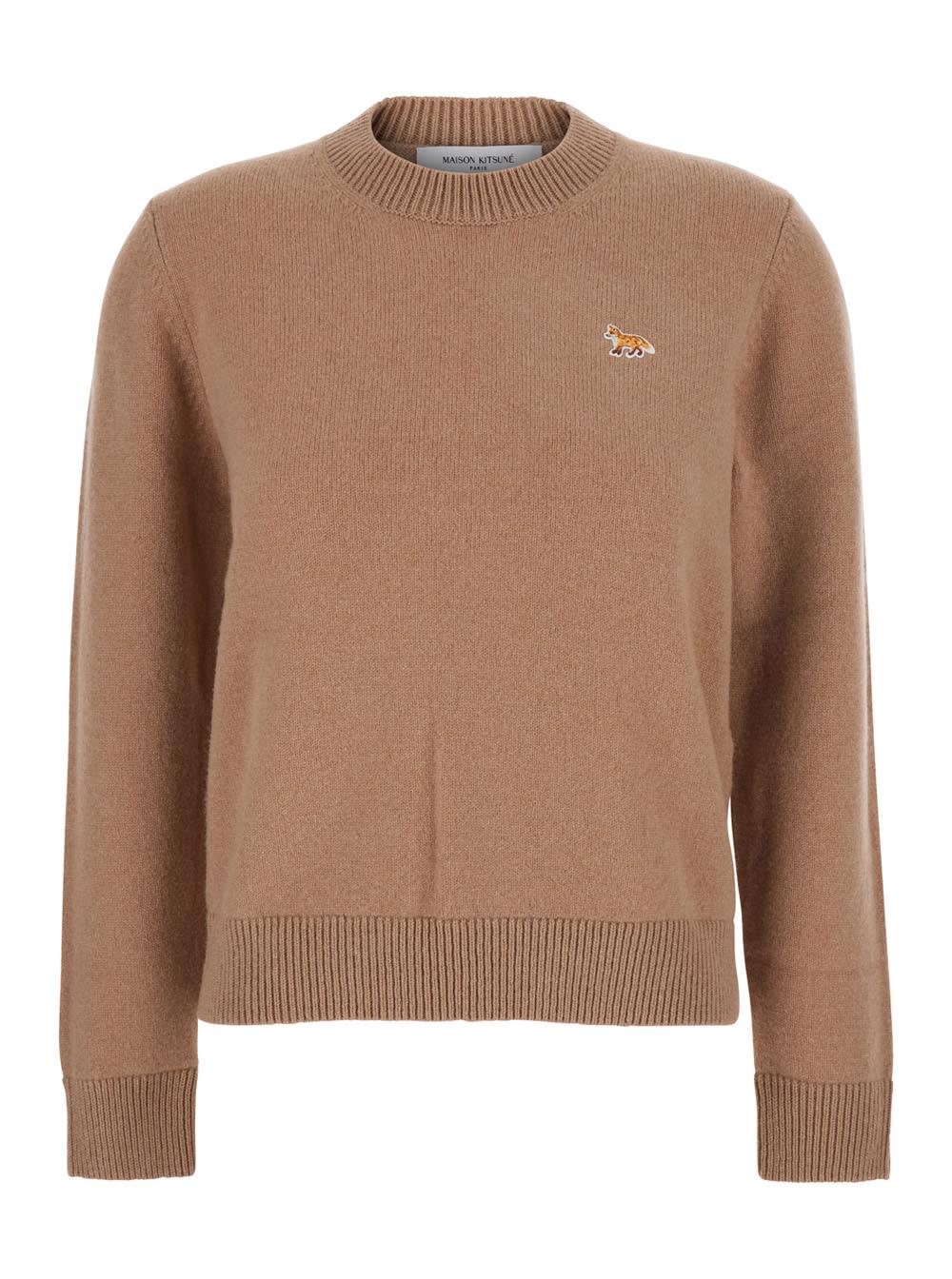maison kitsuné brown crew neck sweater with fox patch on the front in wool man