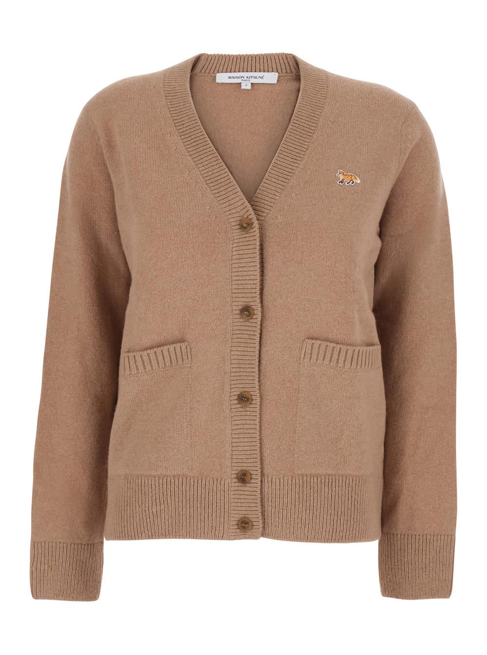 maison kitsuné brown ribbed crew neck cardigan with logo embroidery on the front in wool woman