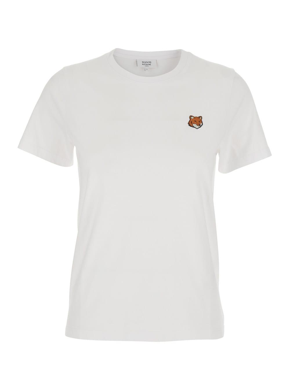 maison kitsuné white crewneck t-shirt with logo embroidery on the front in cotton woman