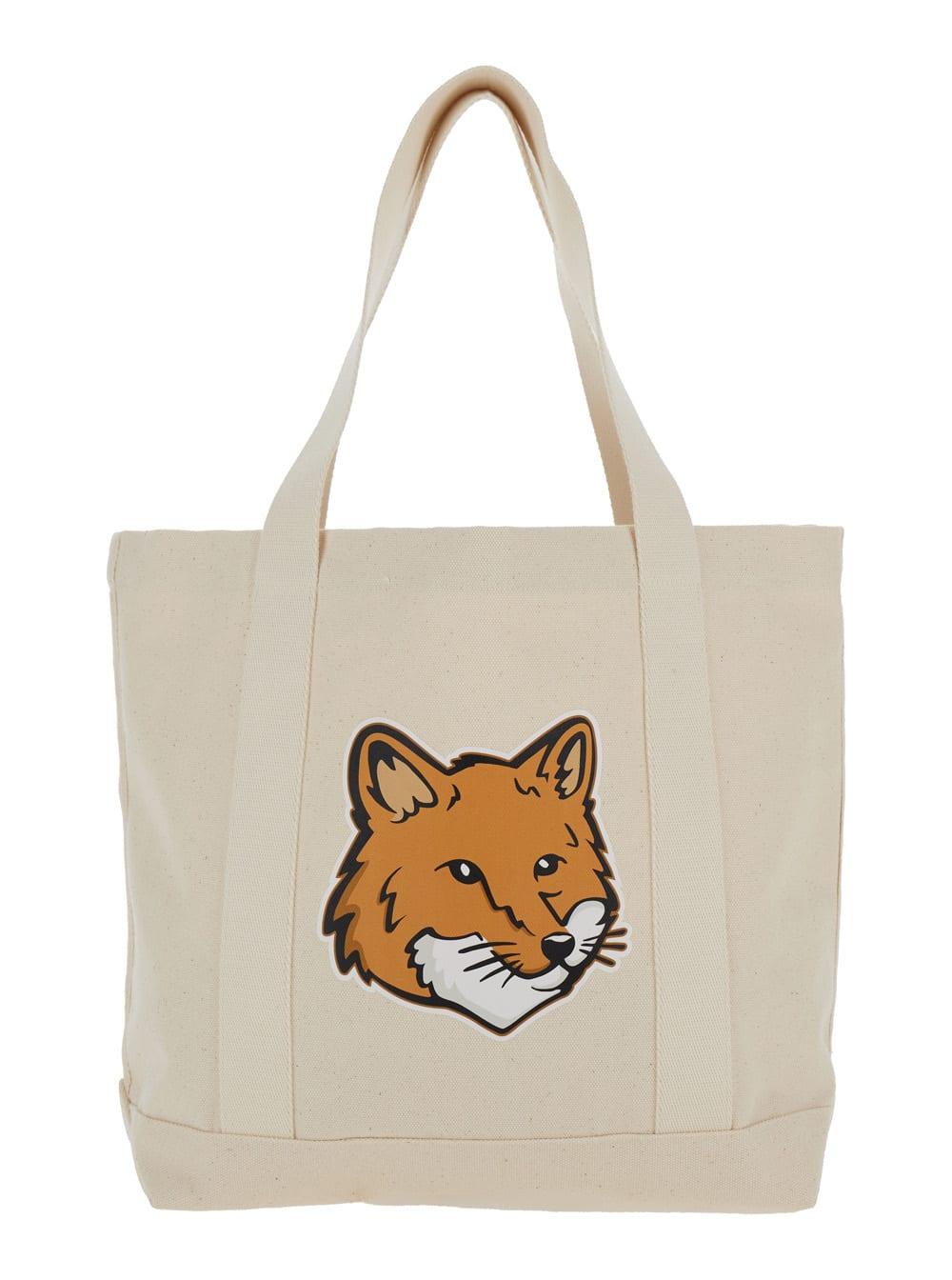maison kitsuné white tote bag with fox head patch in cotton canvas woman