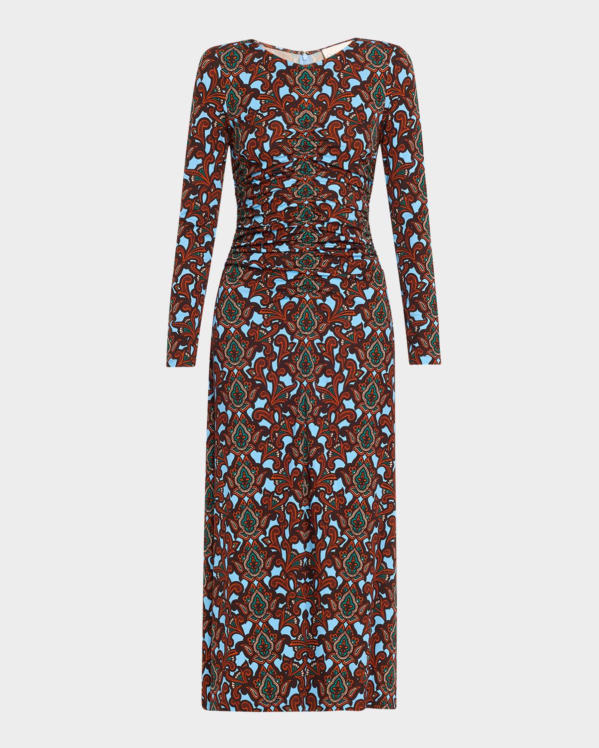 maisy long-sleeve floral ruched midi dress