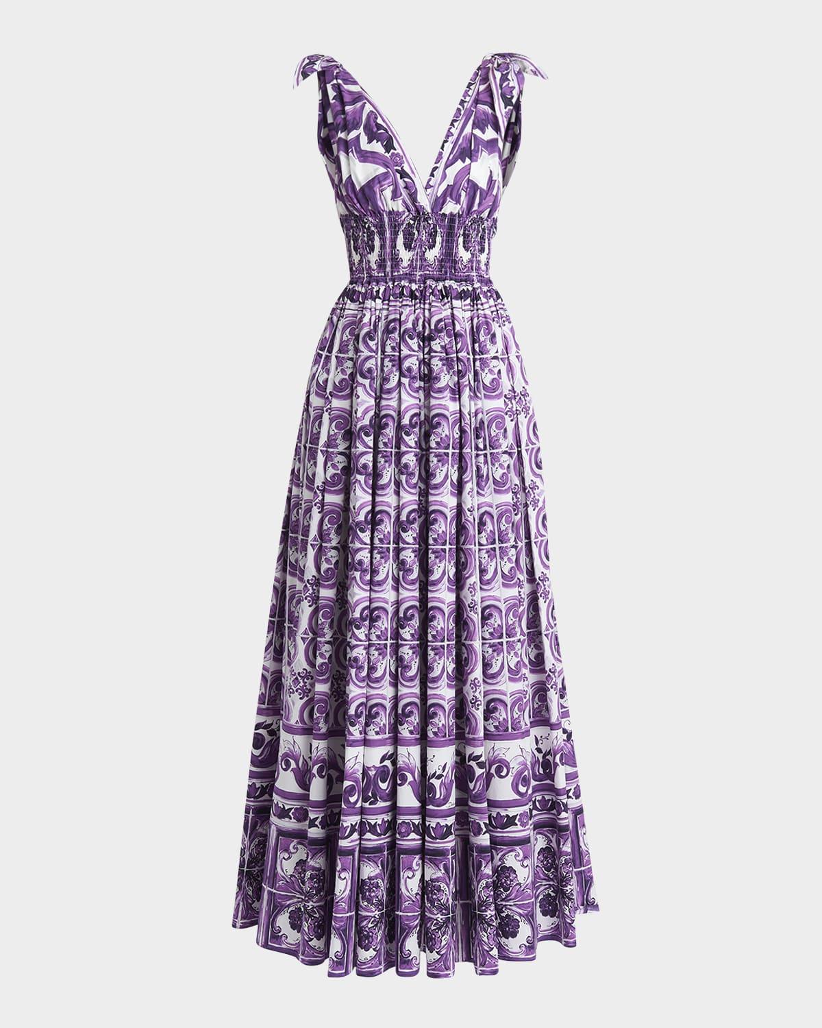 majolica-print v-neck tie popline maxi dress