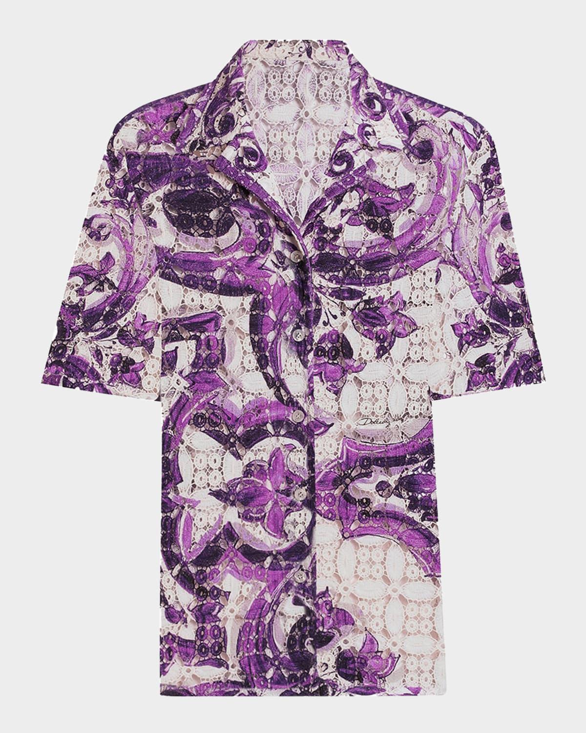 majolica-printed crochet lace camp shirt