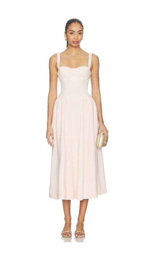 majorelle evan midi dress in peach.