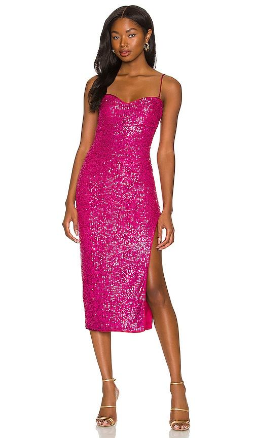 majorelle maizie midi dress in fuchsia.