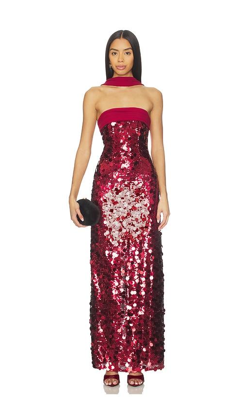 majorelle millie gown in burgundy.