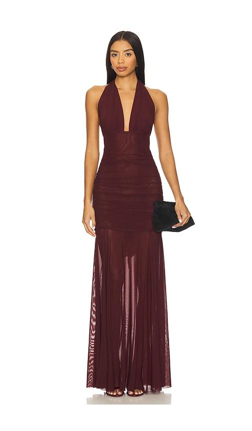 majorelle shella gown in burgundy.