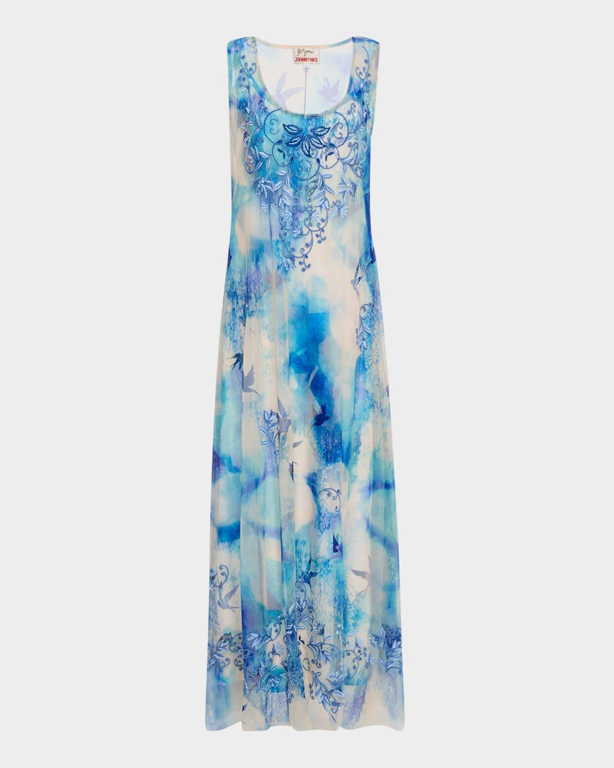 makani floral-embroidered mesh midi dress
