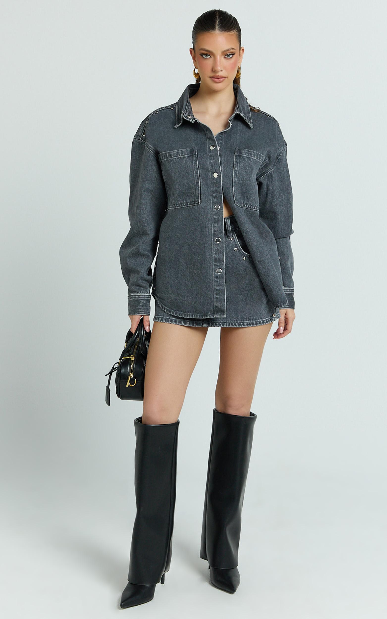 makayla mini skirt - mid waisted stud detail denim mini skirt in dark grey