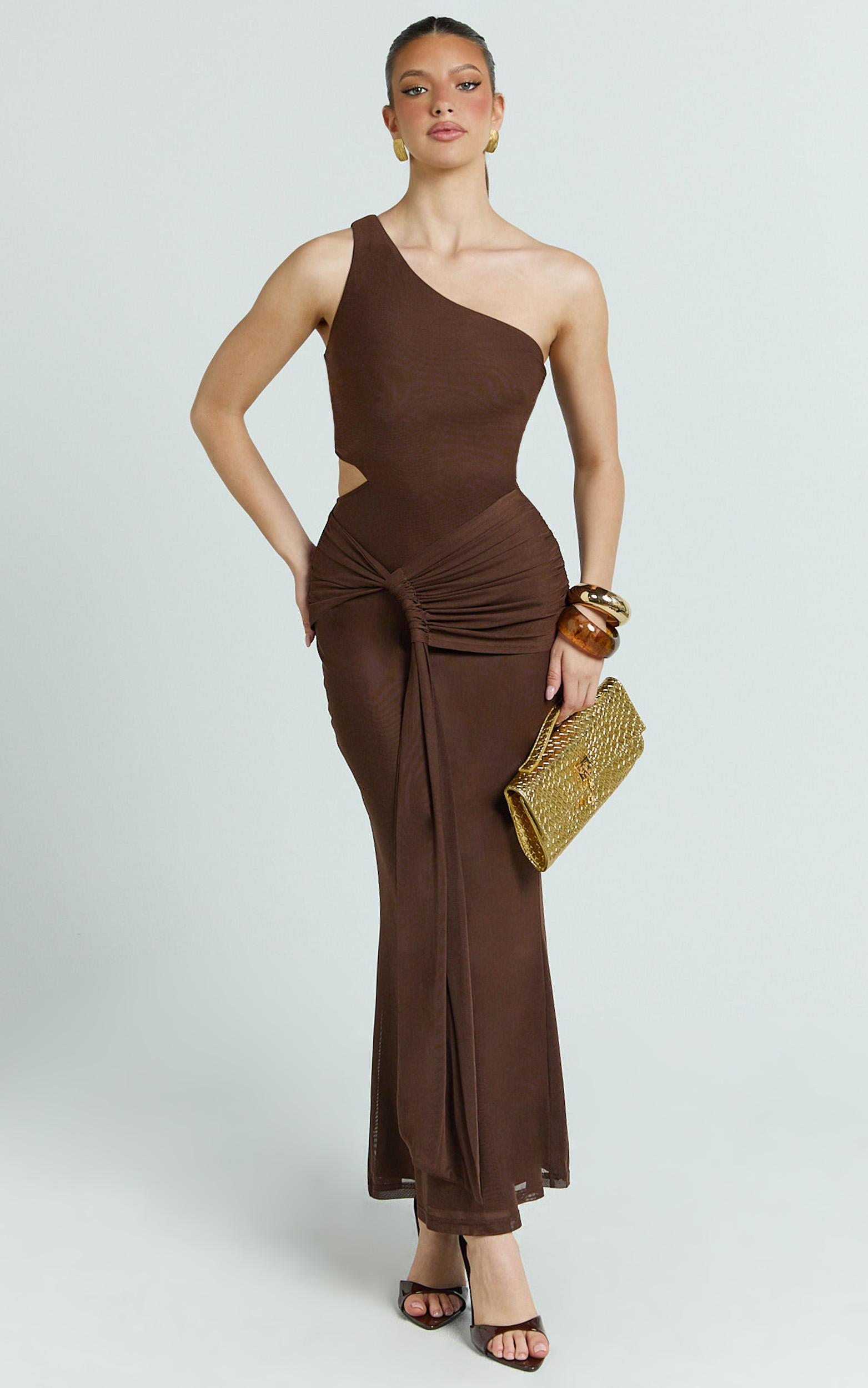 mandy midi dress - knot detail cut out mesh dress in chocolate