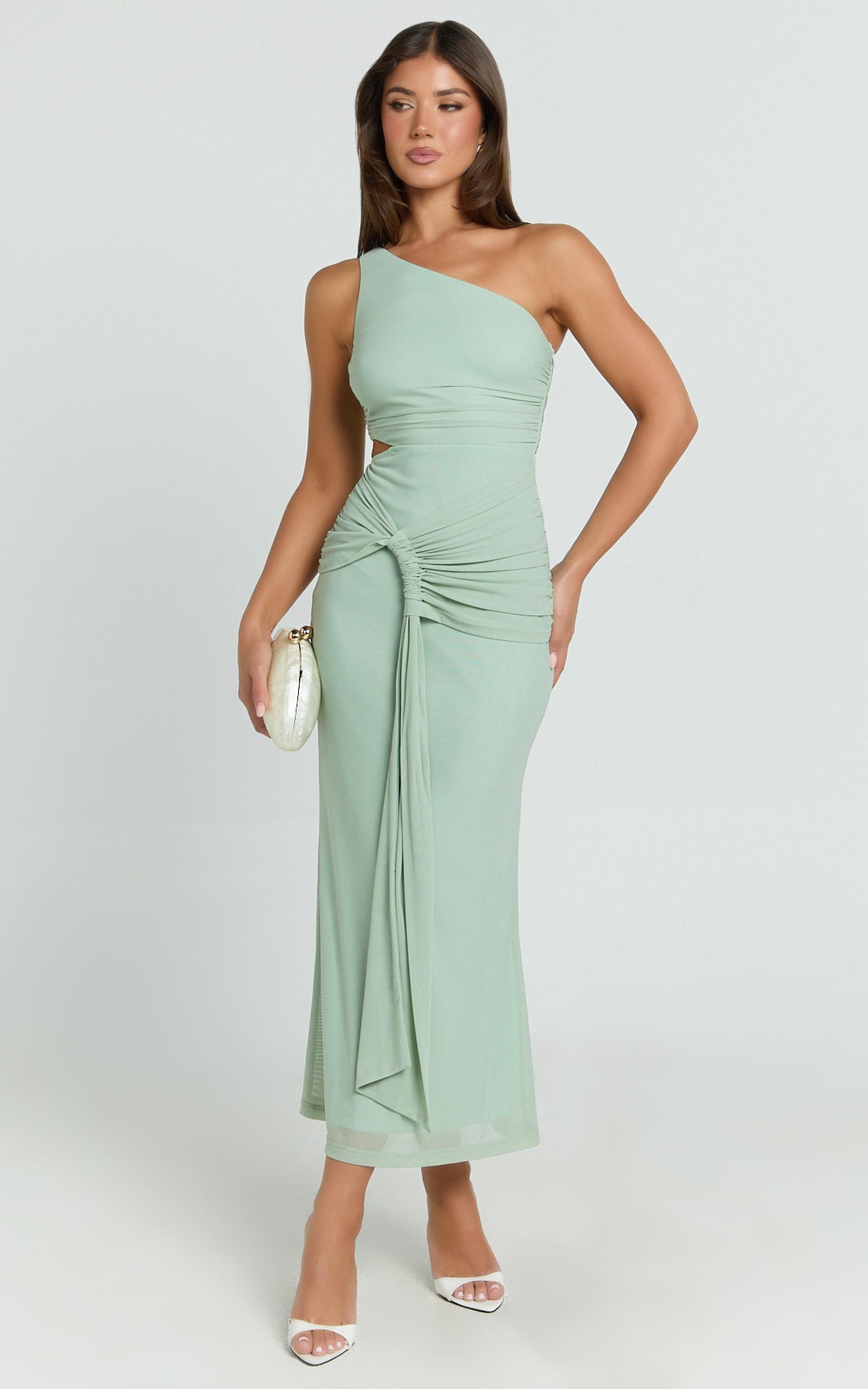 mandy midi dress - knot detail cut out mesh dress in sage