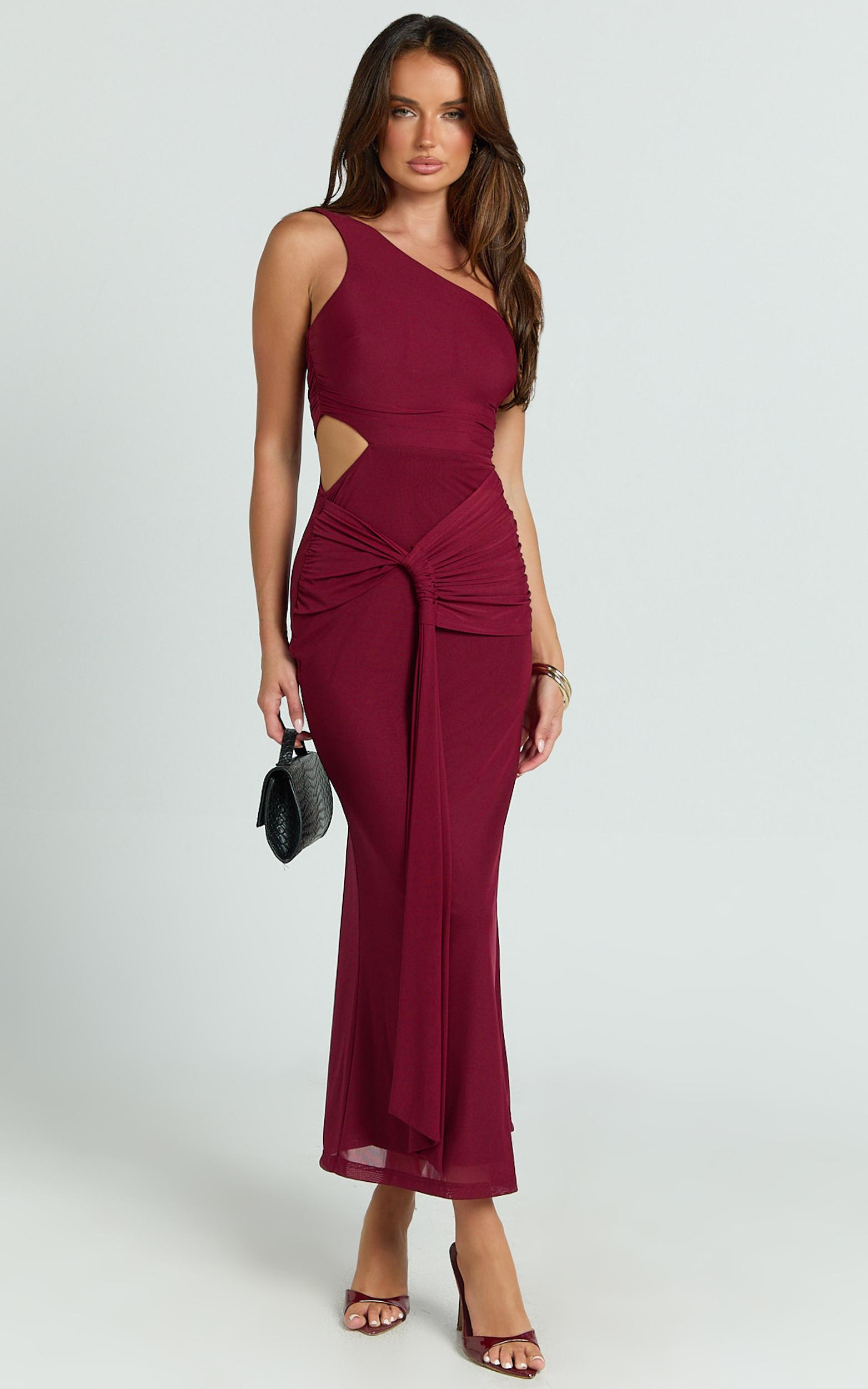 mandy midi dress - knot detail cut out mesh dress in wine