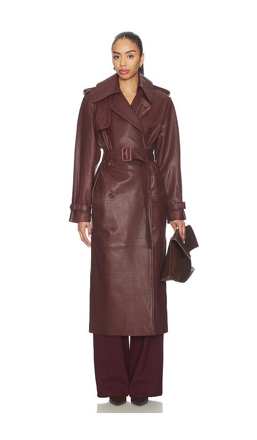 manokhi melissa trench coat in burgundy.