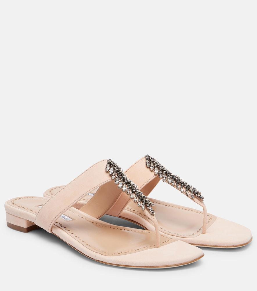 manolo blahnik bizaba embellished suede thong sandals