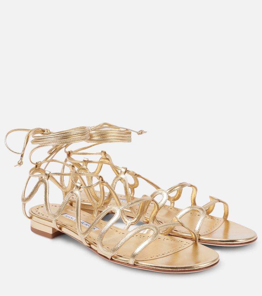 manolo blahnik fawdaflat metallic leather sandals