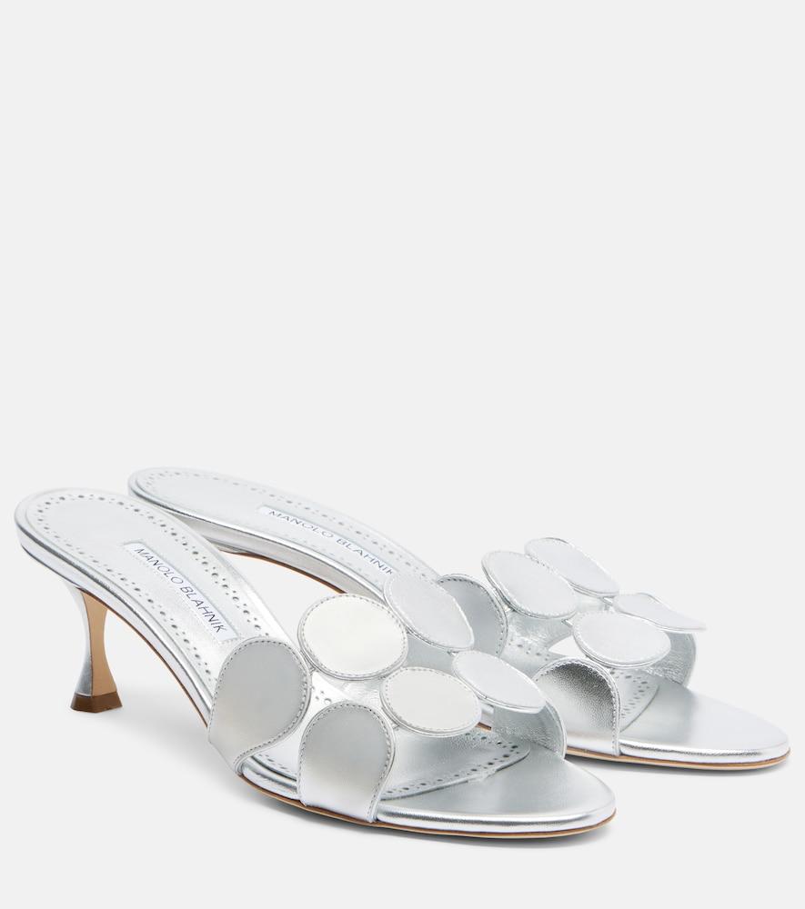 manolo blahnik haribalmu 50 metallic leather mules