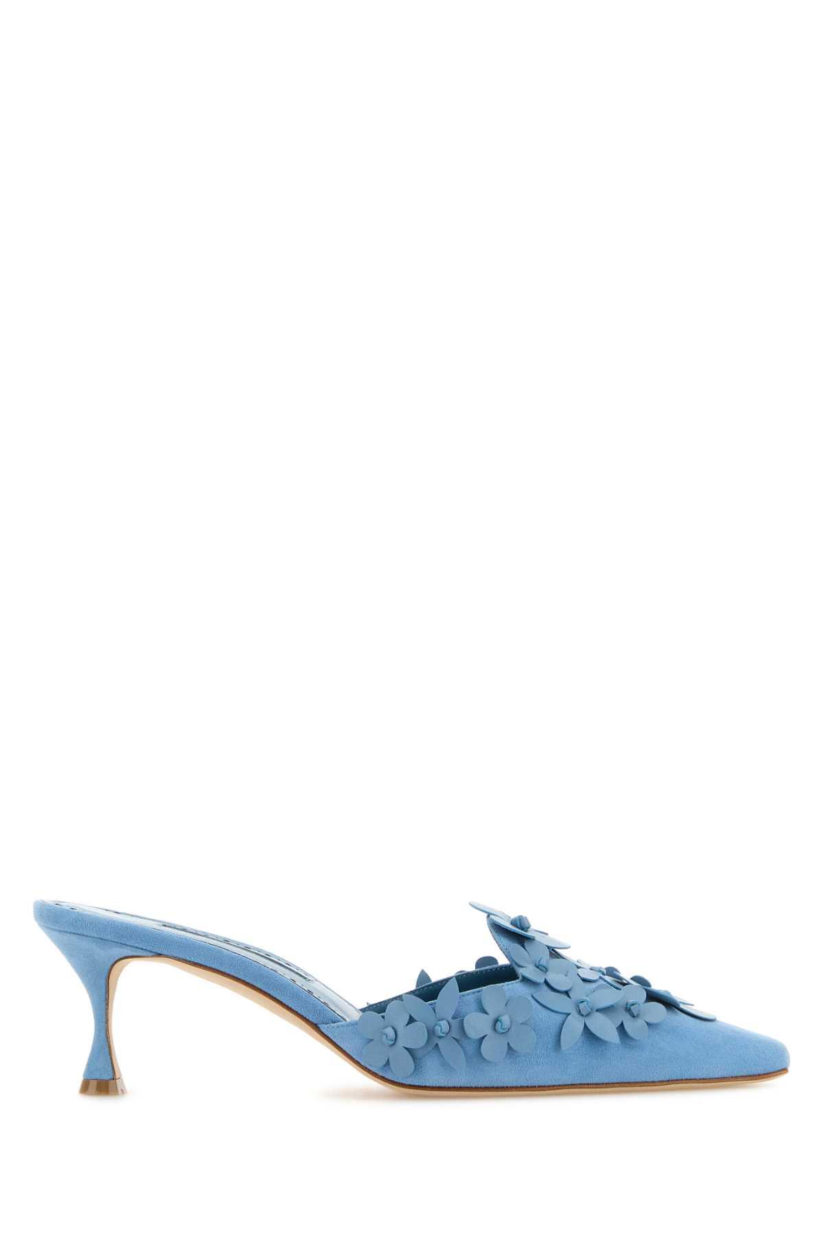 manolo blahnik light blue suede harnes mules