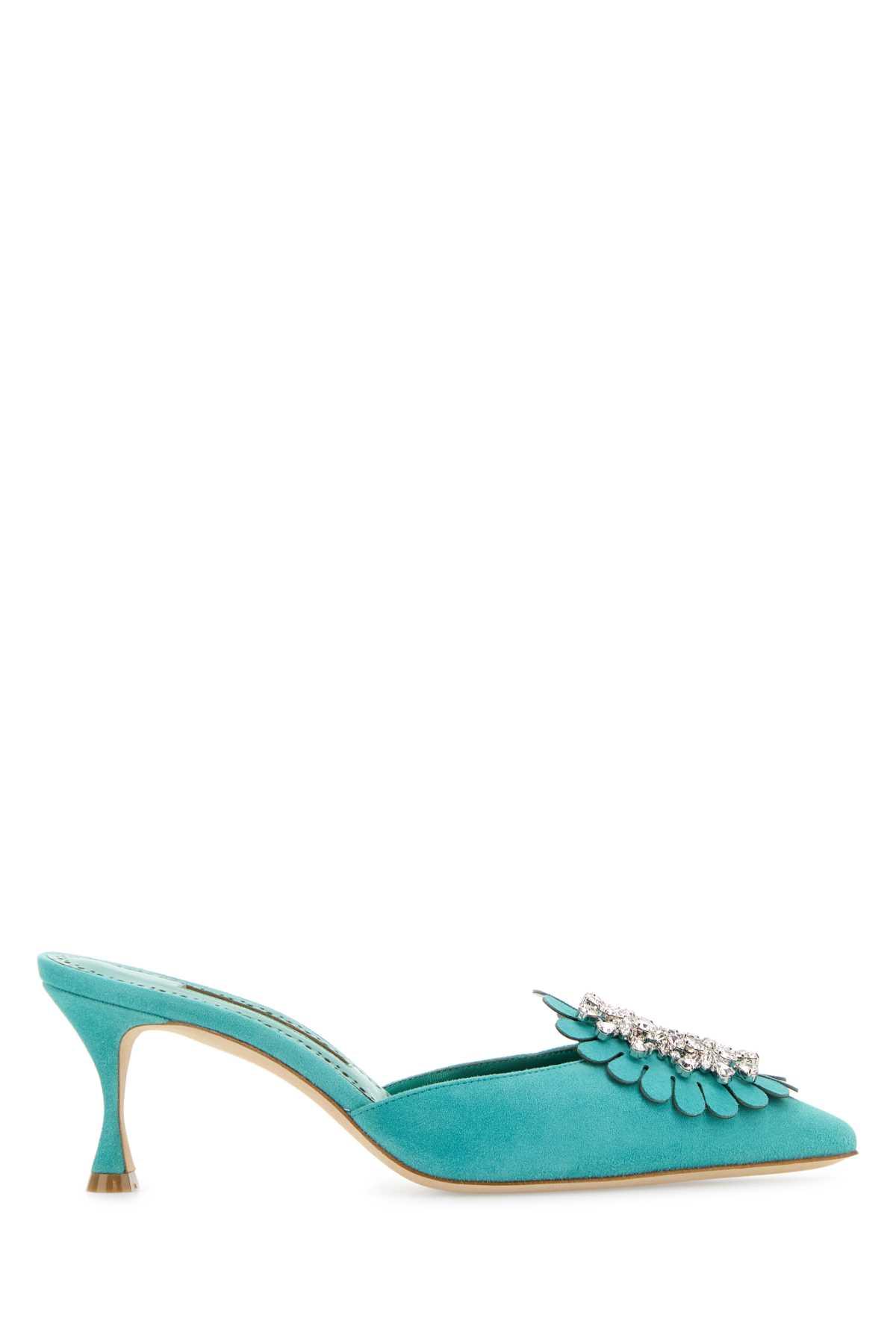 manolo blahnik turquoise suede shogmu mules