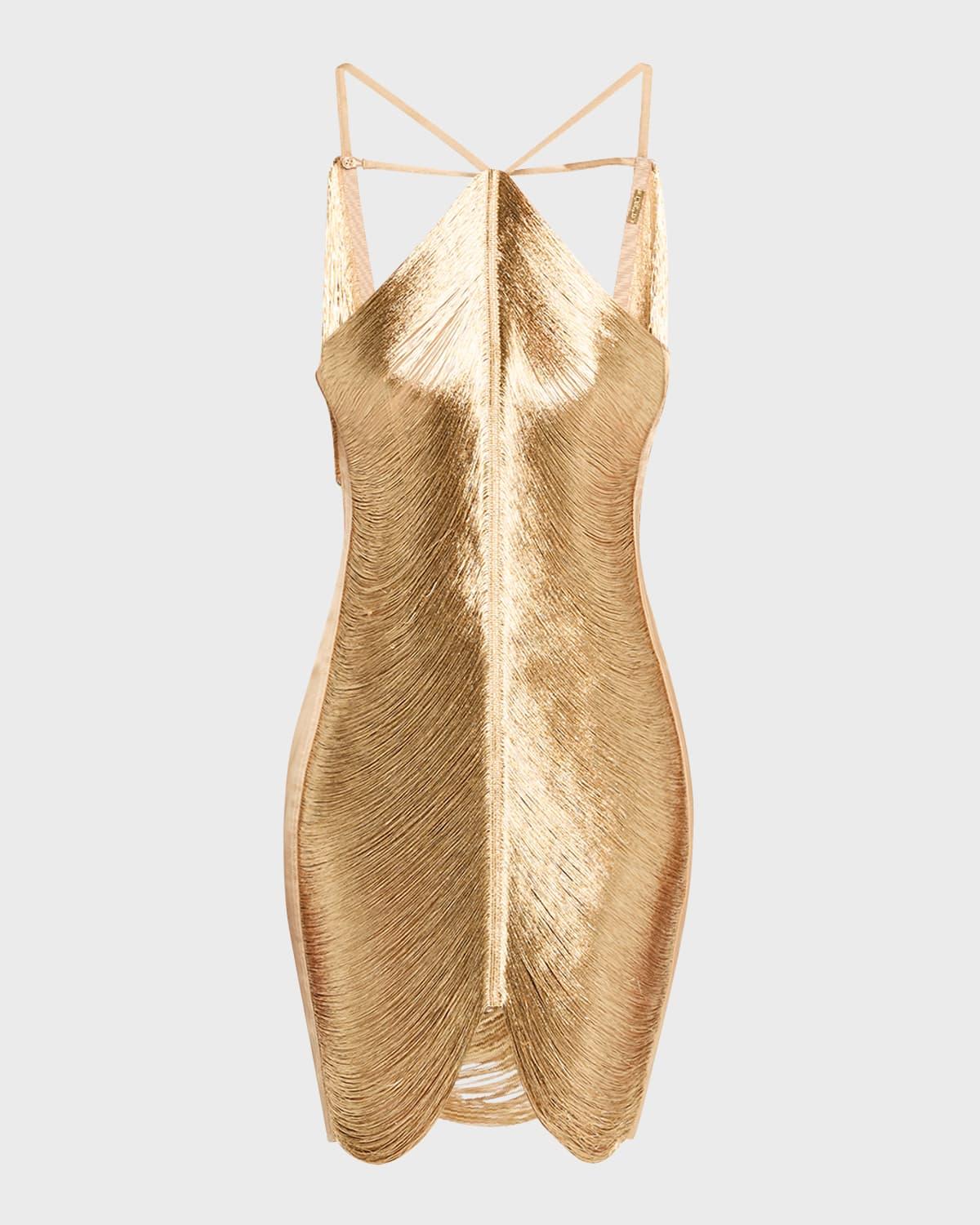 mara draped silk fringe mini halter dress