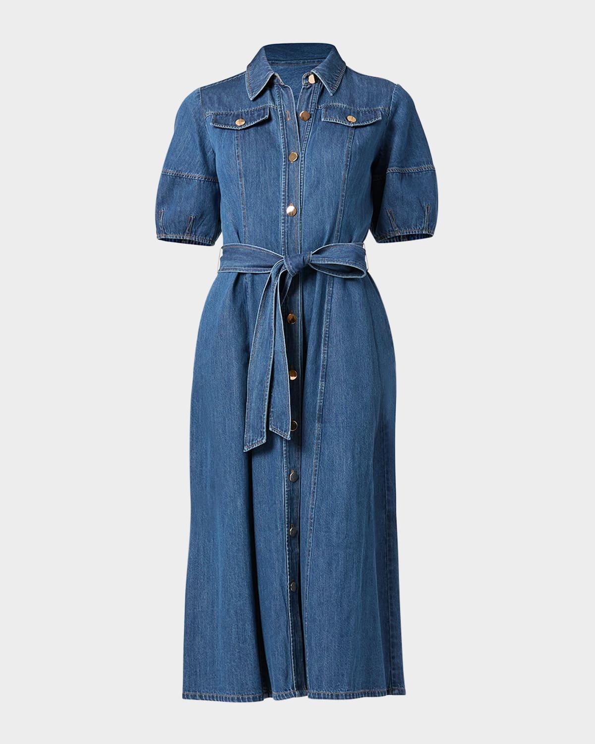 mara puff-sleeve denim midi shirtdress
