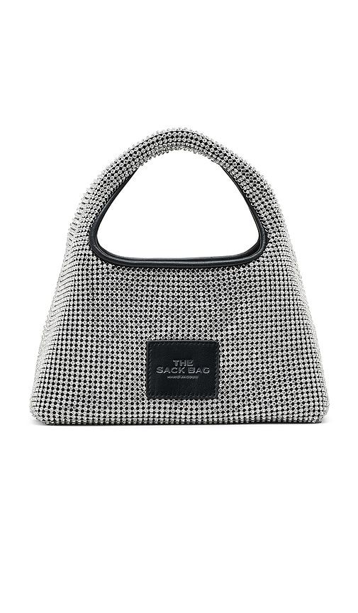 marc jacobs the rhinestone mini sack bag in metallic silver.