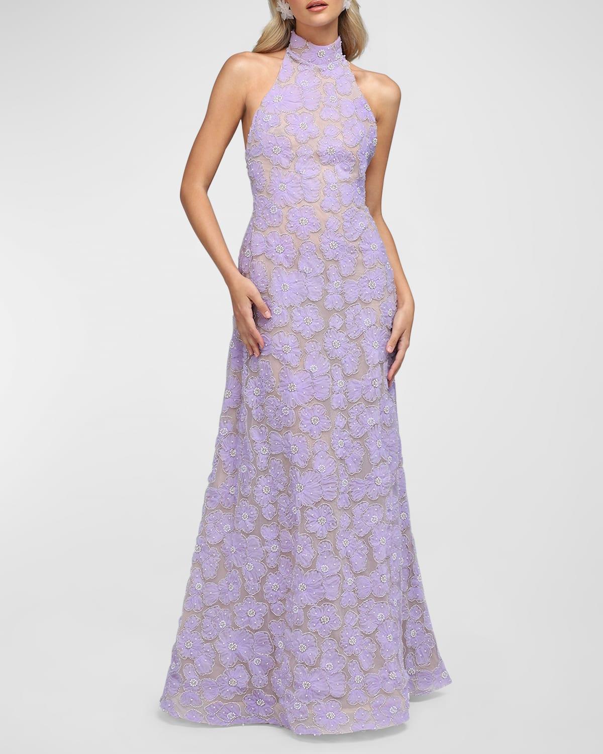 marcella beaded backless halter gown