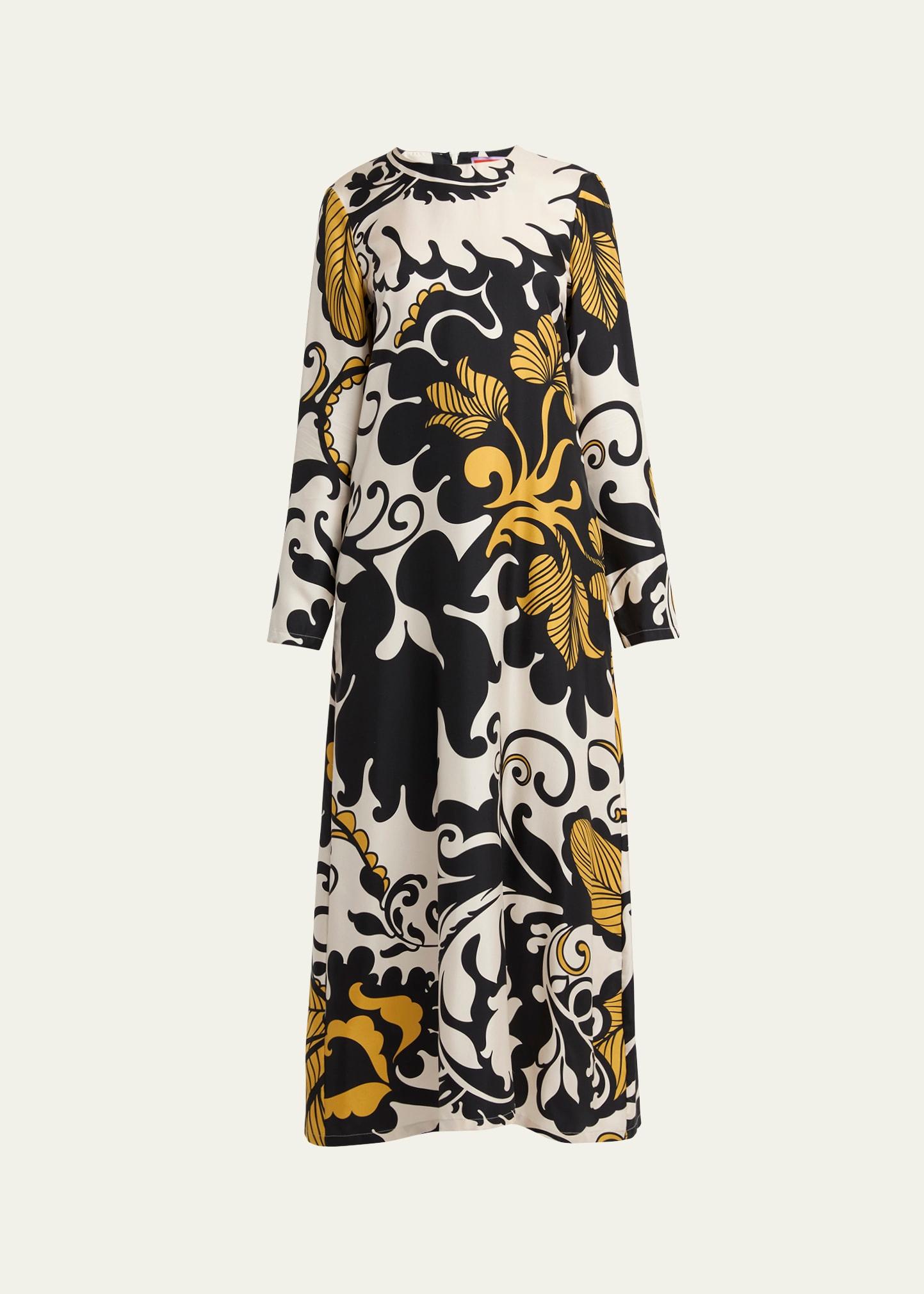 marea-print long-sleeve maxi swing dress