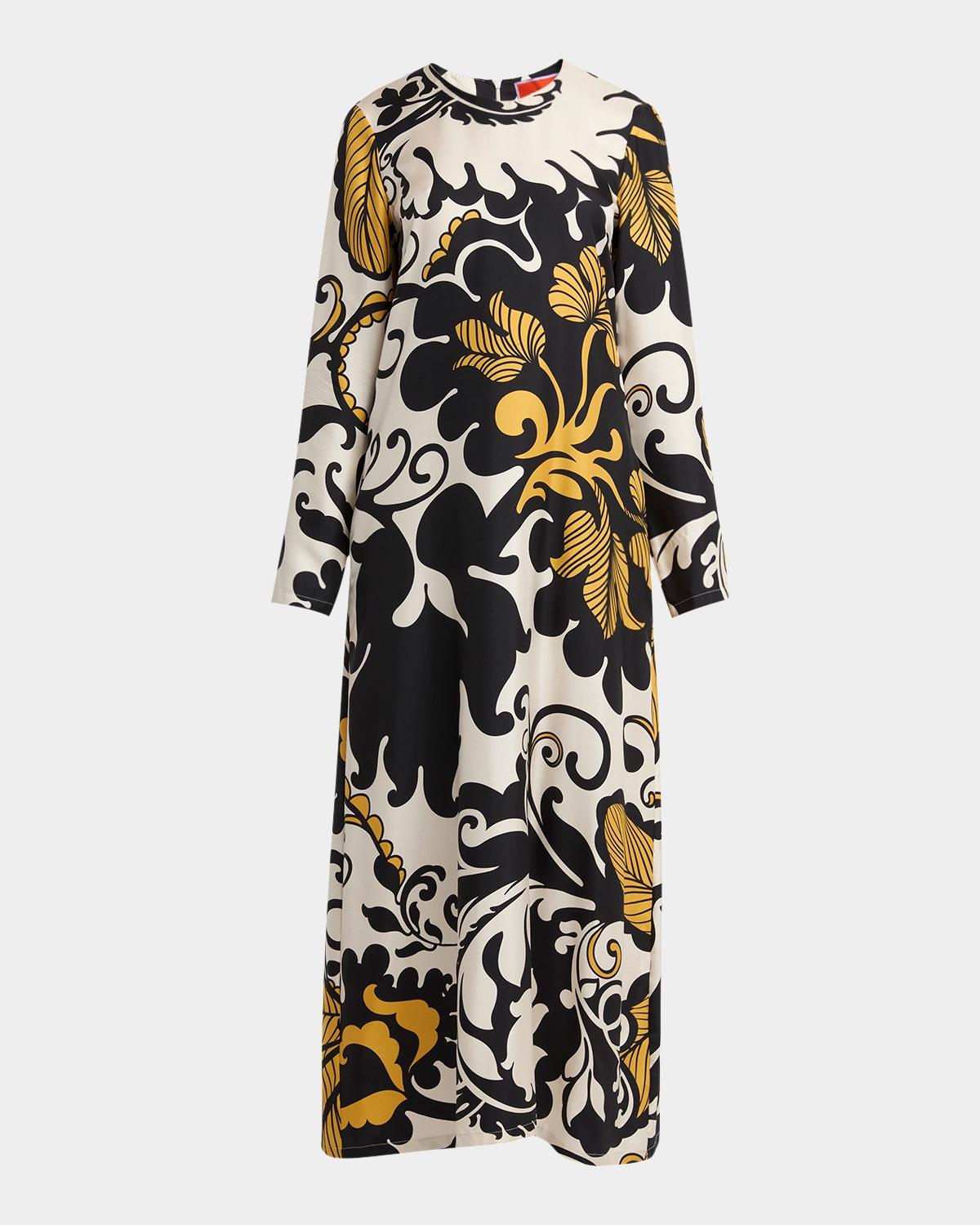 marea-print long-sleeve maxi swing dress