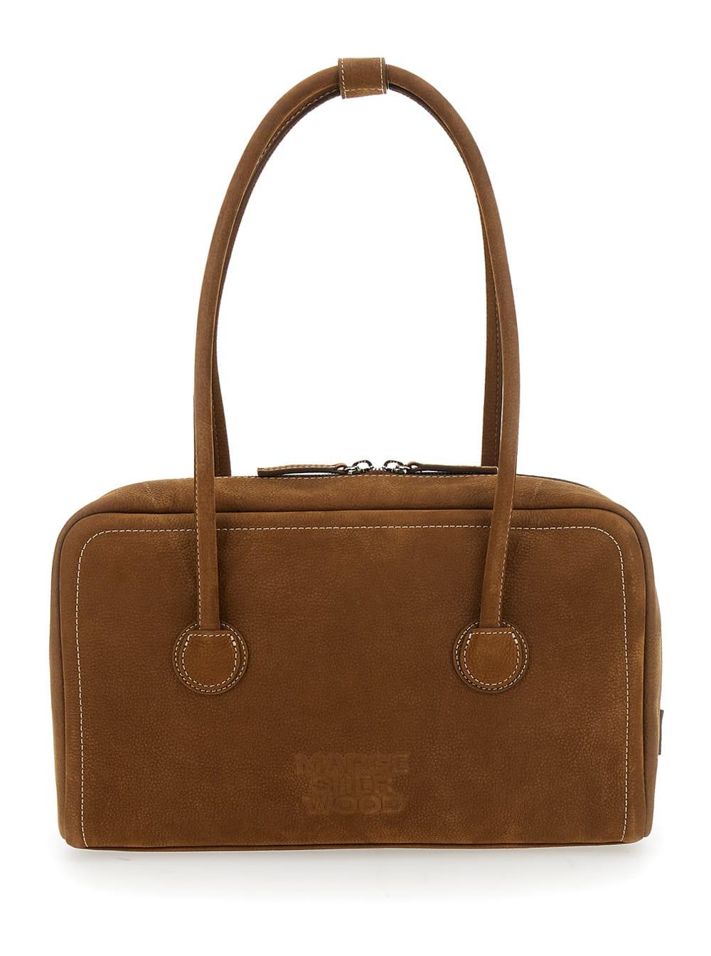 marge sherwood boston beige shoulder bag with embossed logo lettering on the front in leather woman