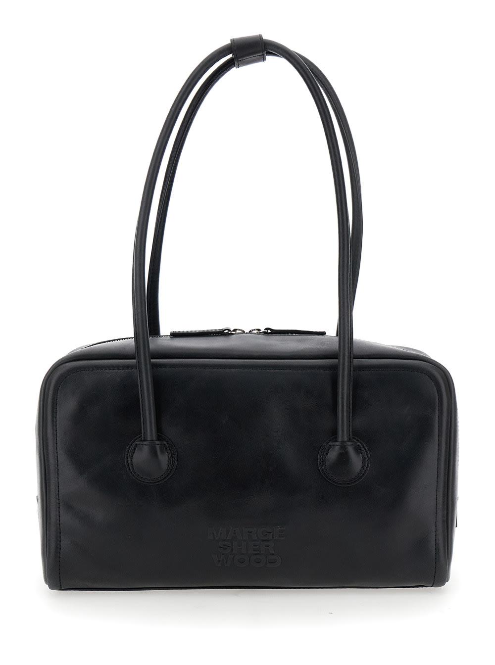 marge sherwood boston black shoulder bag with embossed logo lettering on the front in leather woman